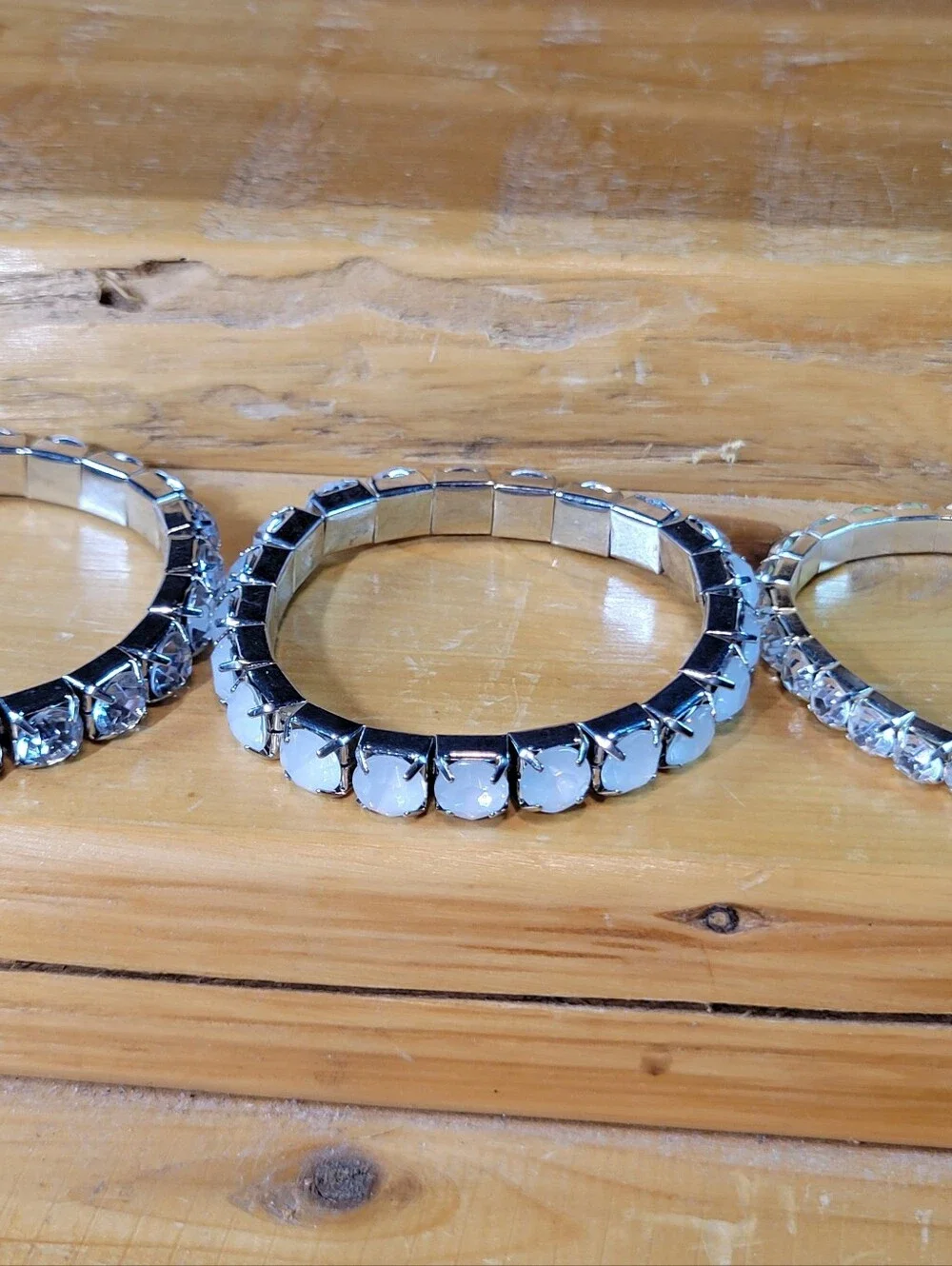 Set of 3 SilverTone White & Icy Rhinetstone Stretch Bracelets One Size Fits Most